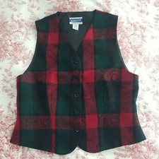 VTG Pendleton USA Tartan Plaid Button Vest - 100 Wool Green Red Black Size 10