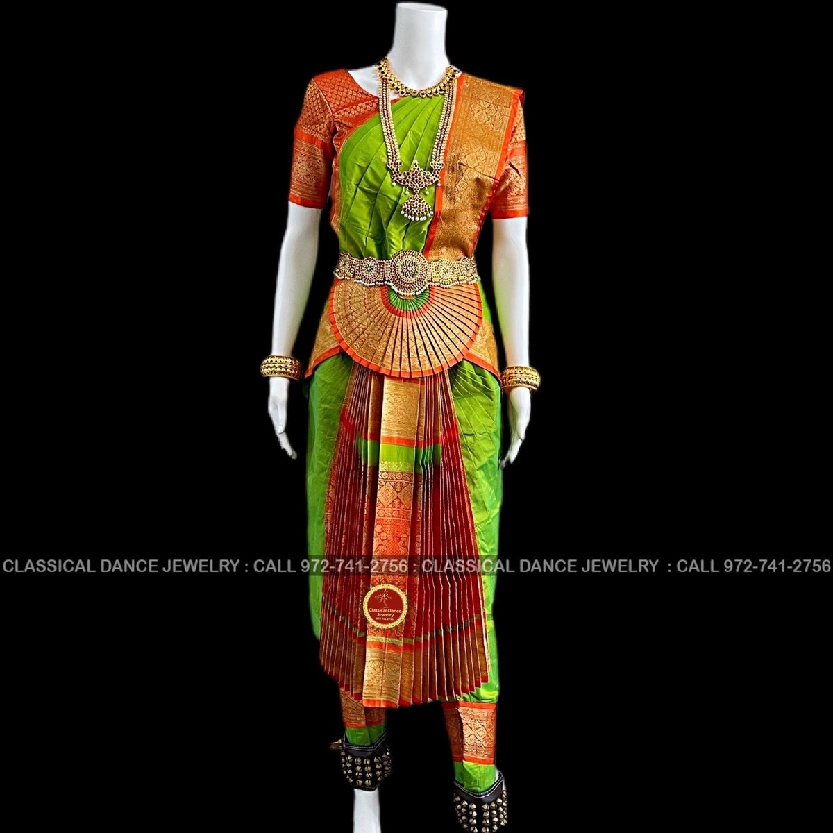 parrot green bharatanatyam dress Green & Red Bharatnatyam Dance Dress main image 1