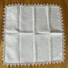 Vintage White Linen Handkerchief with Hand-Sewn Lace Fringe Wedding Hanky