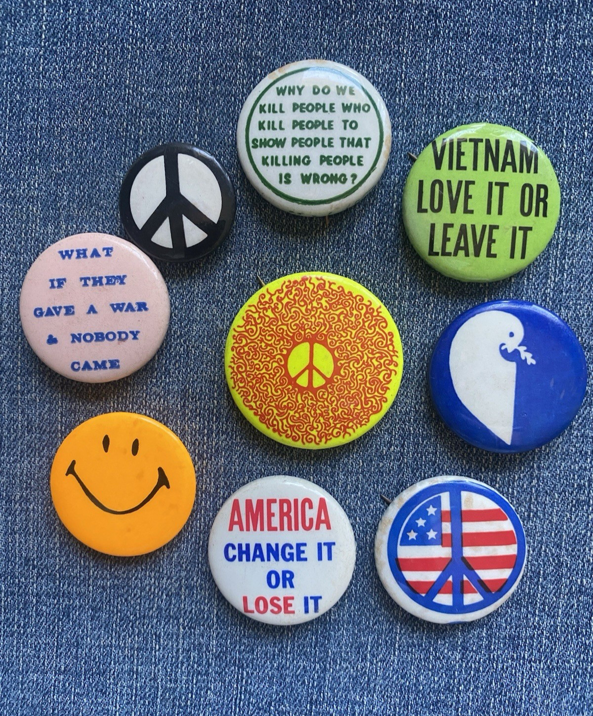 N.O.S. 60's ANTI-WAR,  VIETNAM PEACE PROTEST, 9 Pinback Button Boomer Collection