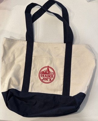 Trader Joe's Canvas Foldable Tote Bag, Reusable, Beige Navy Blue