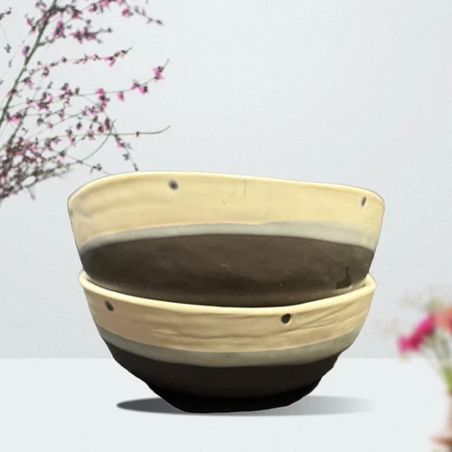 Gibson Elite Rhinebeck Bowls Set of 2 Stoneware Gray Beige Dots 3.5” H 6 3/4” D