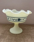 Vintage Fenton Uranium Satin Custard Glass Ruffled Compote Blue Garland  Painted