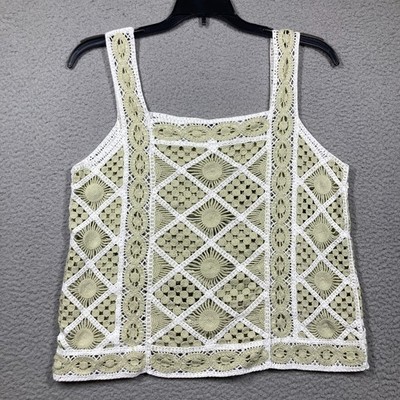 Crochet Tank Top Womens Med Green White Sunburst Boho y2K Festival Granny Square