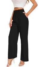 Women's Black Wide-Leg Pleated Dress Pants, Elastic Waist, Polyester Blend