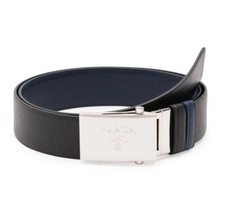 Prada Belt Size 85/34 Black Leather Strap Polished Logo Buckle Made Italy