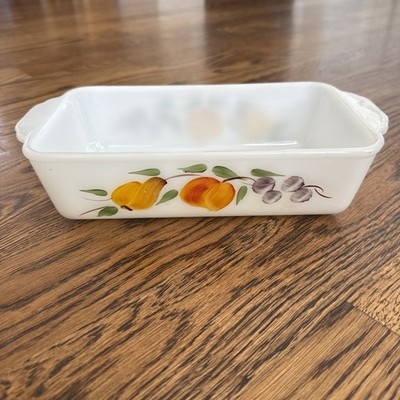 Vintage Anchor Hocking Fire-King Baking Dish Fruit Pattern 1 Qt Loaf Dish