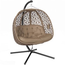 Outsunny Double Hanging Swing Chair w/ Stand & Cup Holders, Brown
