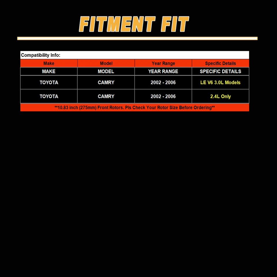 Front Disc Rotors Ceramic Brake Pads Kit for 2002 - 2004 2005 2006 Toyota Camry - Image 4 of 4