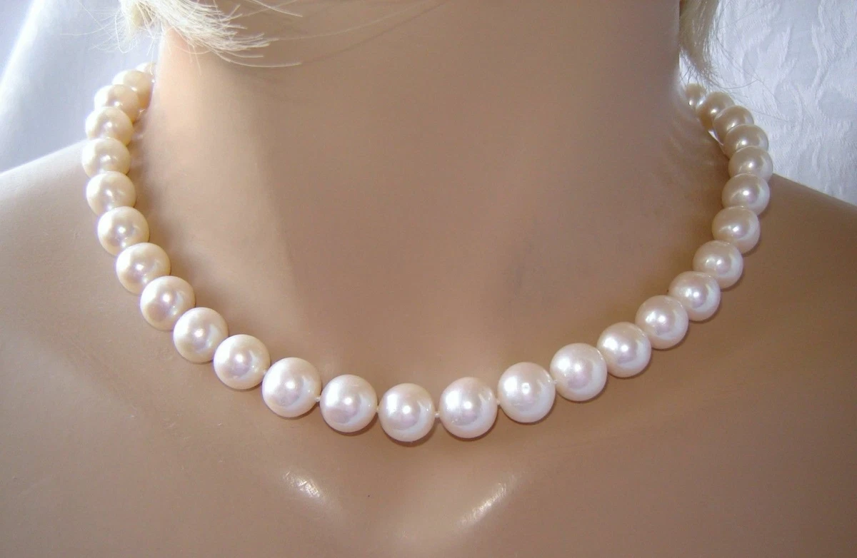12 13 mm NATURAL WHITE PERFECT ROUND PEARL NECKLACE 14k Y. GOLD