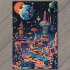 Art Print Futuristic Cityscape Neon Sci-Fi Alien World Space Scene Planets