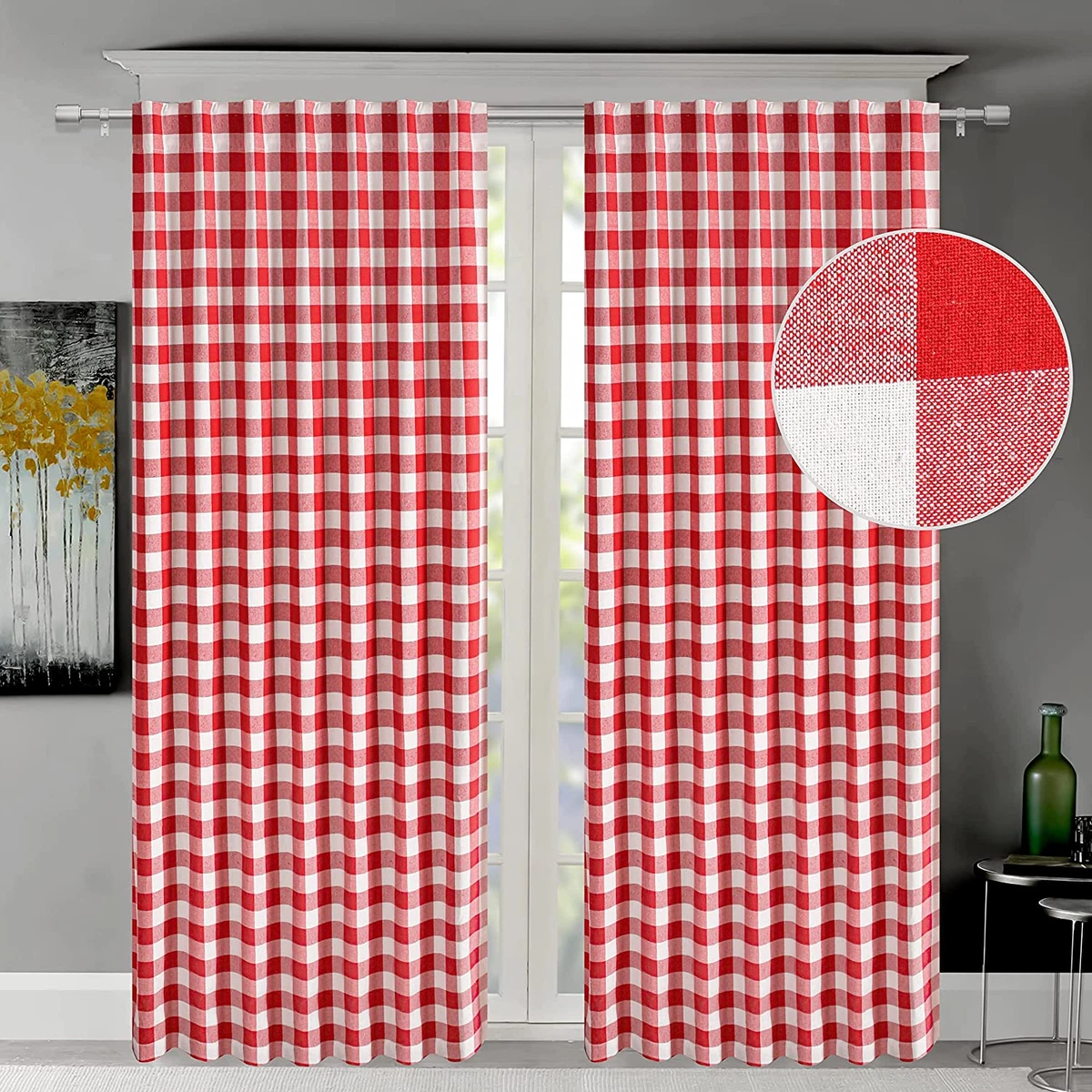 Gingham Plaid Cotton Curtains Rod Pocket Back Tab Red and White Buffalo