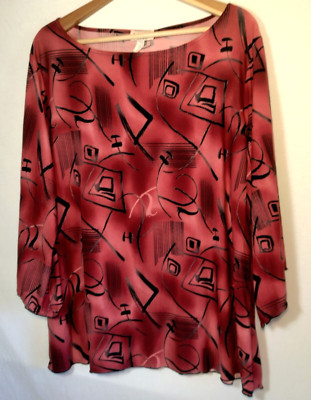 MKM Designs Shirt Plus Size 2XL Tunic Top Red Fultter Sleeve Abstract Gold Flaws