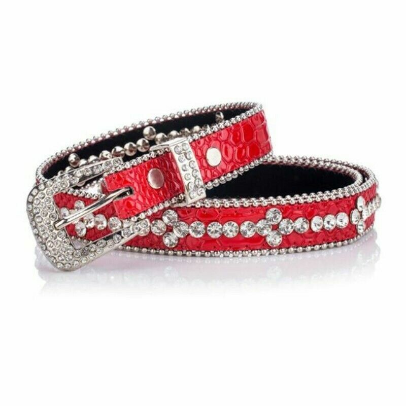 Women PU Leather Belt Rhinestone Crystal Beads Glitter 