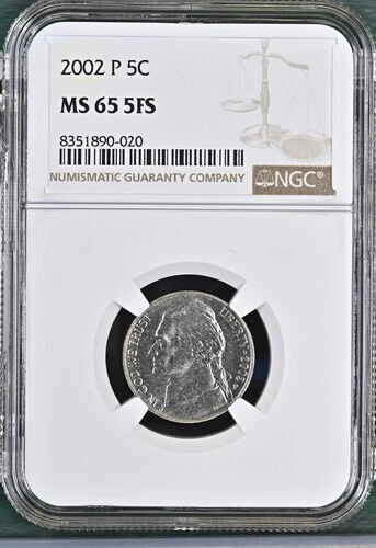 2002-P Jefferson nickel graded by NGC MS65 5FS