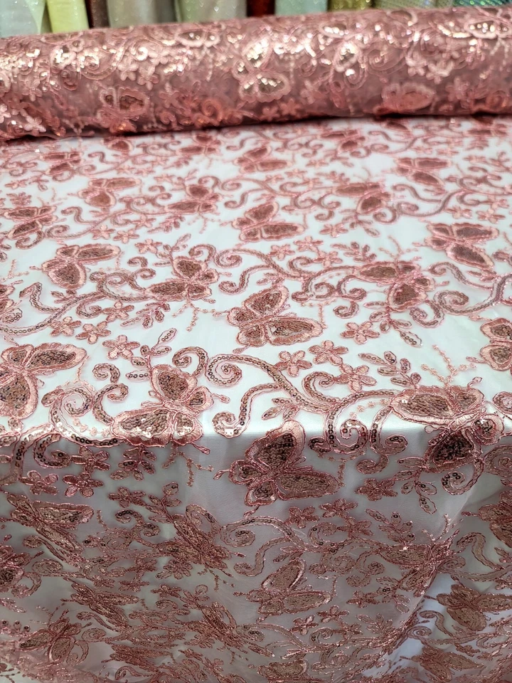 Dusty Rose Lace Embroidery Butterflies Sequin Fabric By The Yard Bridal Prom - Image 2 of 4