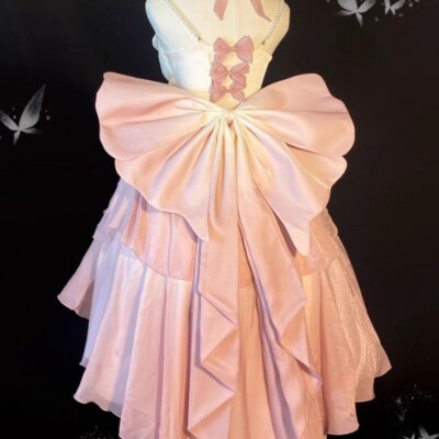 Lolita Dress Elegant Women Sweet Bow Pearl Chain Ruffles Rose