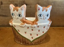 Vintage Takahashi JAPAN 2 Kitty Cats in a Basket Ceramic Planter