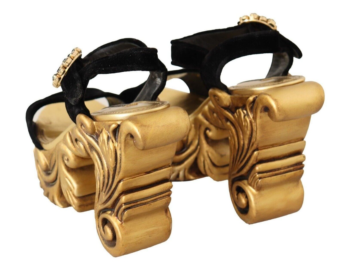 【DOCE & GABBANA】 ゴールド ウェッジサンダル　✨極美品✨ Dolce & Gabbana Black Gold Baroque Velvet Heels Crystal