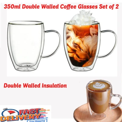 HAUSOWN 2x Double Wall Insulated Glass Coffee Glass Thermal Mug Tea Cup Handle 350ml