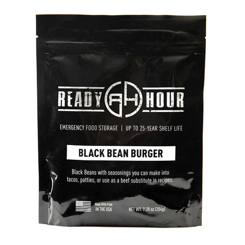 Black Bean Burger Emergency Survival Food Pouch Meal 25 Year Life 6 Servings