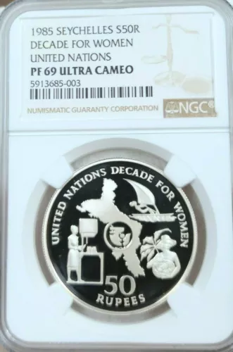 1985 SEYCHELLES SILVER 50 RUPEES DECADE FOR WOMEN NGC PF 69 ULTRA CAMEO TOP POP