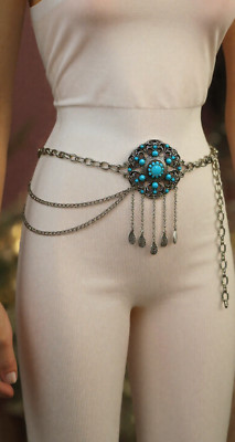 Women Silver Metal Chain Bohemian Belt Turquoise Blue Beads Flower Charm M L XL