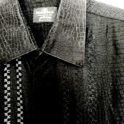 VINTAGE MEN GERLIN SILK SHIRT WITH ACCENTS MADE IN ITALY JET BLACK GATOR PRINT M