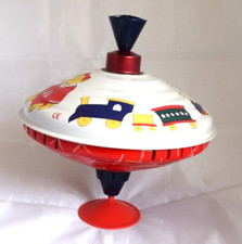 LBZ-CE Spinning Toy Top Tin Metal Germany Bears Train Blue Red Vintage
