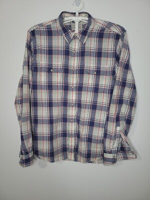 Lucky Brand Mens Large Long Sleeve Button Up Blue White Plaid Shirt L250