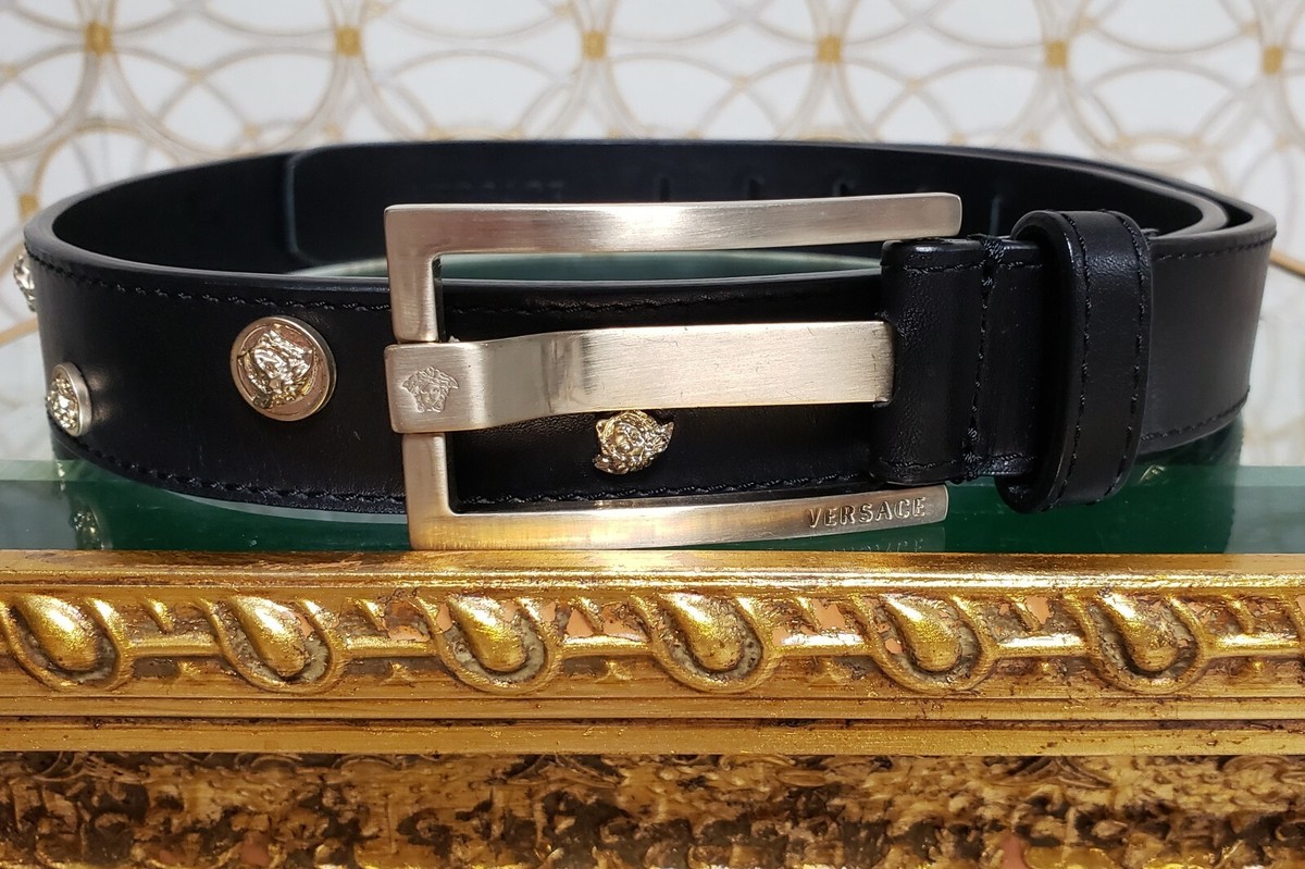 NEW VERSACE BLACK LEATHER BELT with LIGHT GOLD PLATED MEDUSA STUDS