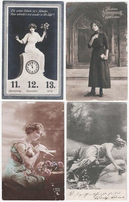 Bundle of 4 old artist postcards, beautiful woman, used