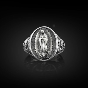 Authentic 925 Sterling Silver Virgin Mary Guadalupe Catholic Mens Signet Ring