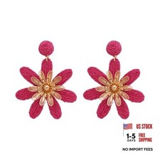 Bohemian Braided Daisy Flower Earrings for Women Handmade Raffia Straw Hot Pink