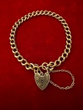 9ct Gold Curb Link Bracelet with Heart Shaped Padlock and safety chain