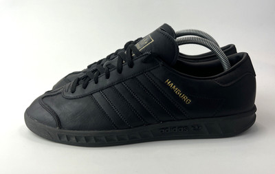 Adidas Hamburg Herren Sportschuhe dreifach schwarz Leder Turnschuhe UK Größe 7,5