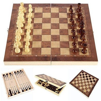 Folding Storage Wooden Chess Board Sets - 3 in 1 Chess Board 13.4x13.4 inches