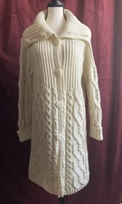 INIS CRAFTS Chunky Wool Cable Knit Button Front Cardigan Sweater Ivory Sz L