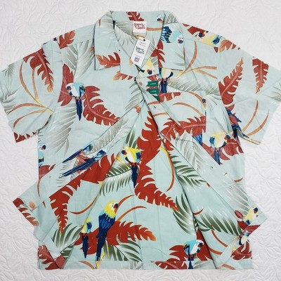 NWT BareFoot In Paradise Hawaiian Shirt Mens L Blue Bird Parrot Reverse Print