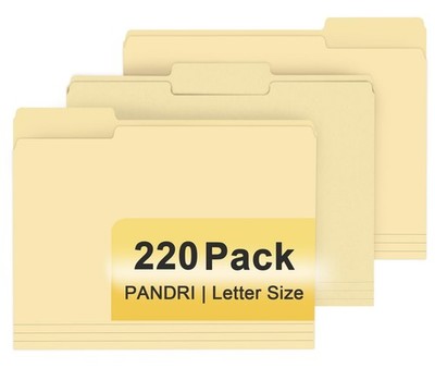 File Folder, PANDRI 220 Pack 1/3 Cut Tab, Letter Size, Manila 