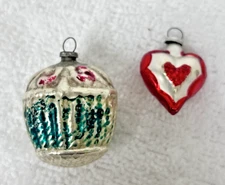2 Antique Feather Tree Christmas Ornaments Red Puffy Heart Pink Roses in Basket