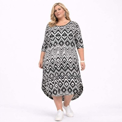 ROCKTHOSECURVES DAMEN T-Shirt-Kleid schwarz + weiß mit Aztekenmuster und getauchtem Saum