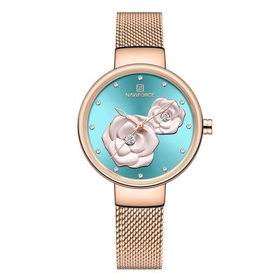 NAVIFORCE Women Rose Gold Mesh Band Quartz Watch Luxury Flower Fashion Dial