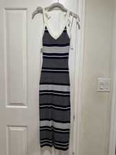 Lulus Navy White Striped Knit Bodycon Dress V-Neck Sleeveless Tie Midi S