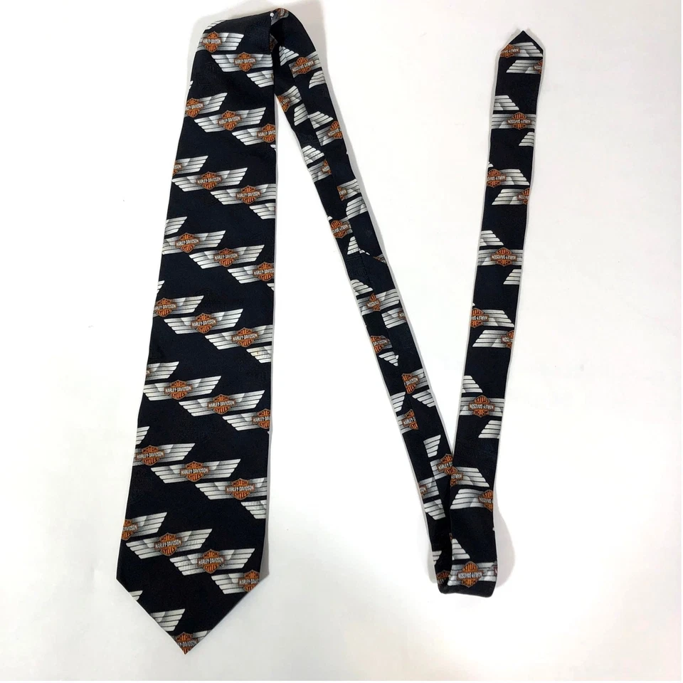 Corbata de cuello Harley Davidson años 90 logotipo negro naranja vintage retro seda hecha en EE. UU. Foto 3 de 4