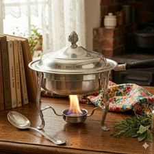Vintage Mid-Century Chafing Dish with Stainless Pot, Brass Stand & Wood Handle — listing 3
