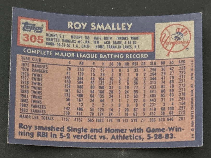 Бейсбольная карточка 1984 Topps Roy Smalley No305 Yankees SS-3B-1B VG O/C - Изображение 2 из 2