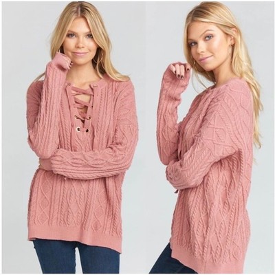 Show Me Your Mumu Lance Lace-Up Cable Knit Sweater Medium Mauve Pink Pullover