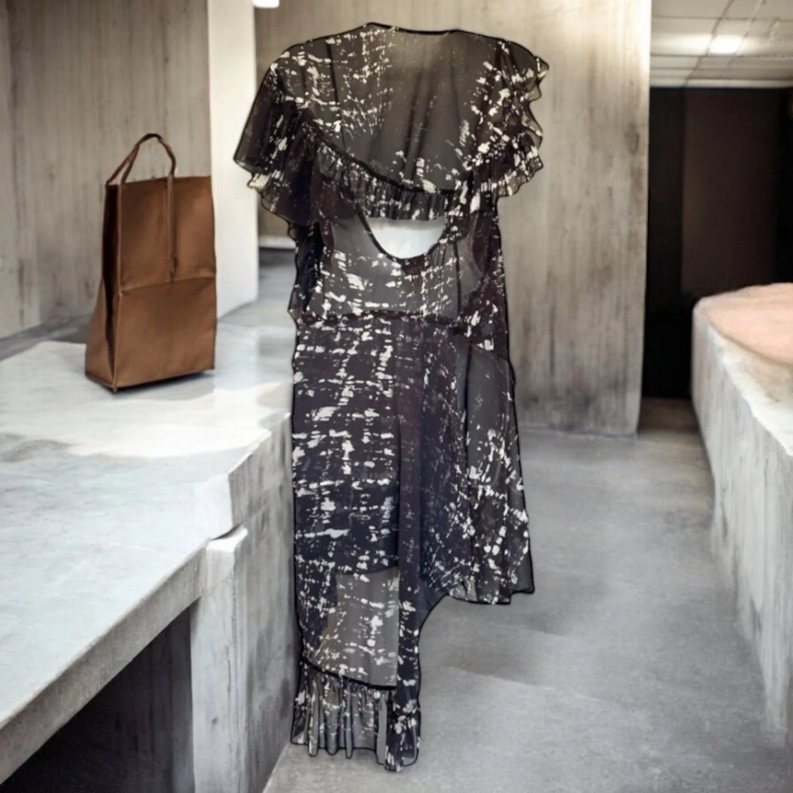 ACNE STUDIOS Abito Acne Primavera Estate Ruffle Strati Relaxed Nero Astratto Asimmetria TG S 36