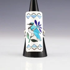 NATIVE AMERICAN ZUNI STERLING SILVER & INLAY BLUE JAY RING BY QUINTIN QUAM